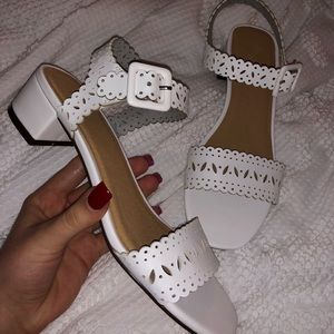 White block heel vintage scalloped sandal